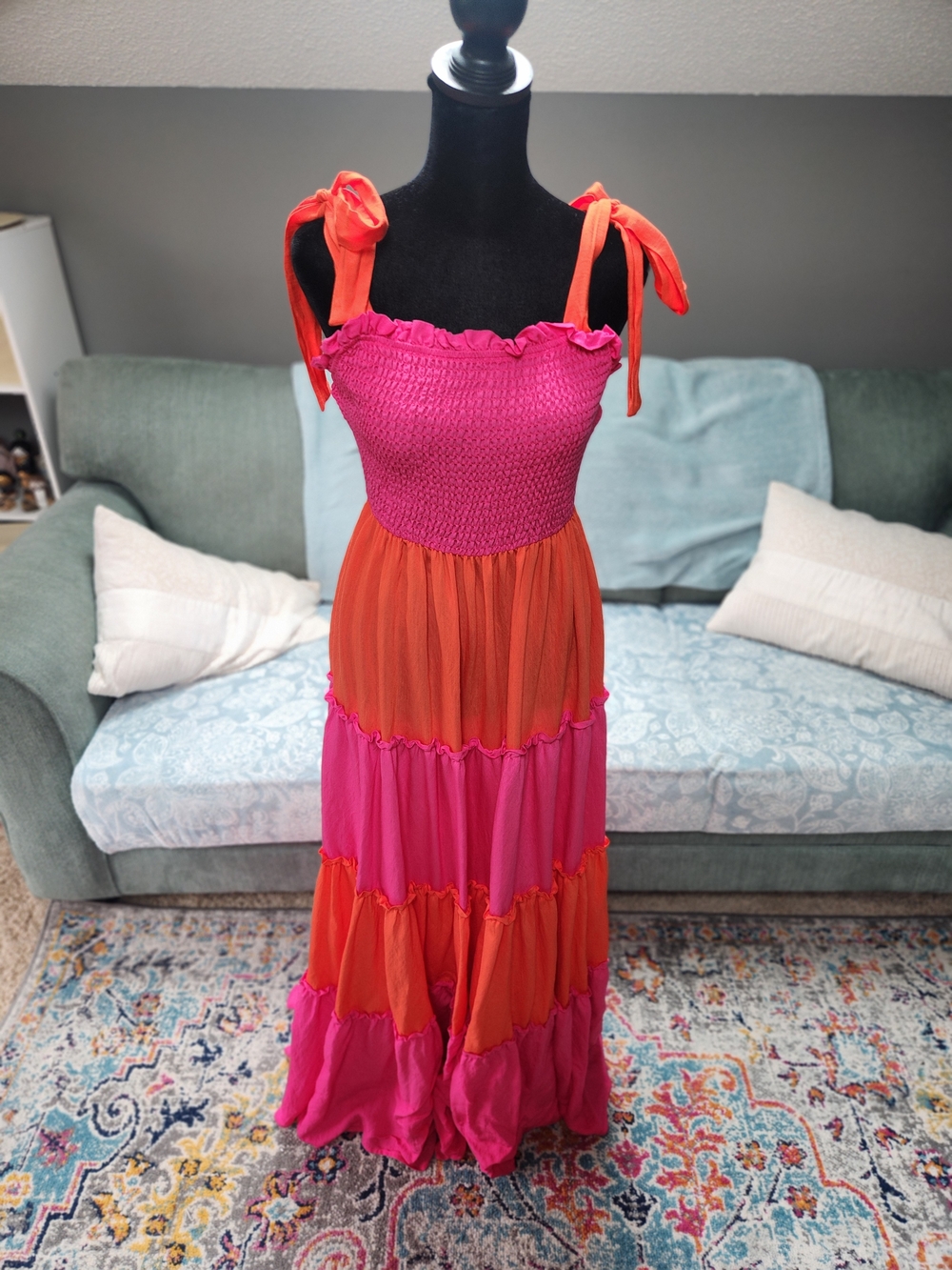 Koko +:Mason Women’s Tiered Smocked Maxi Dress - Pink & Orange Large - Picture 5 of 10